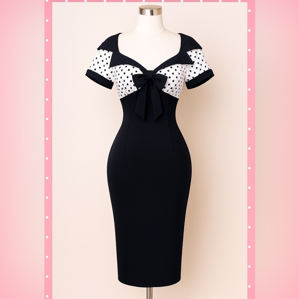 Lindy Bop Black and White Bodycon Midi Dress with Sweetheart Neckline